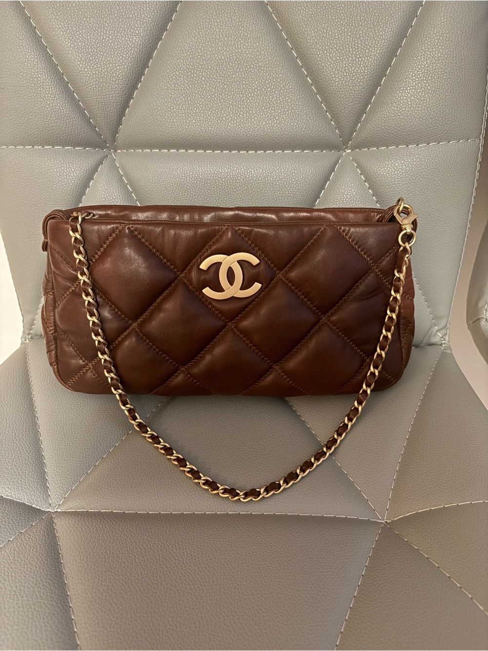 Chanel Brown Quilted Lambskin Shoulder Bag with Gold Chain